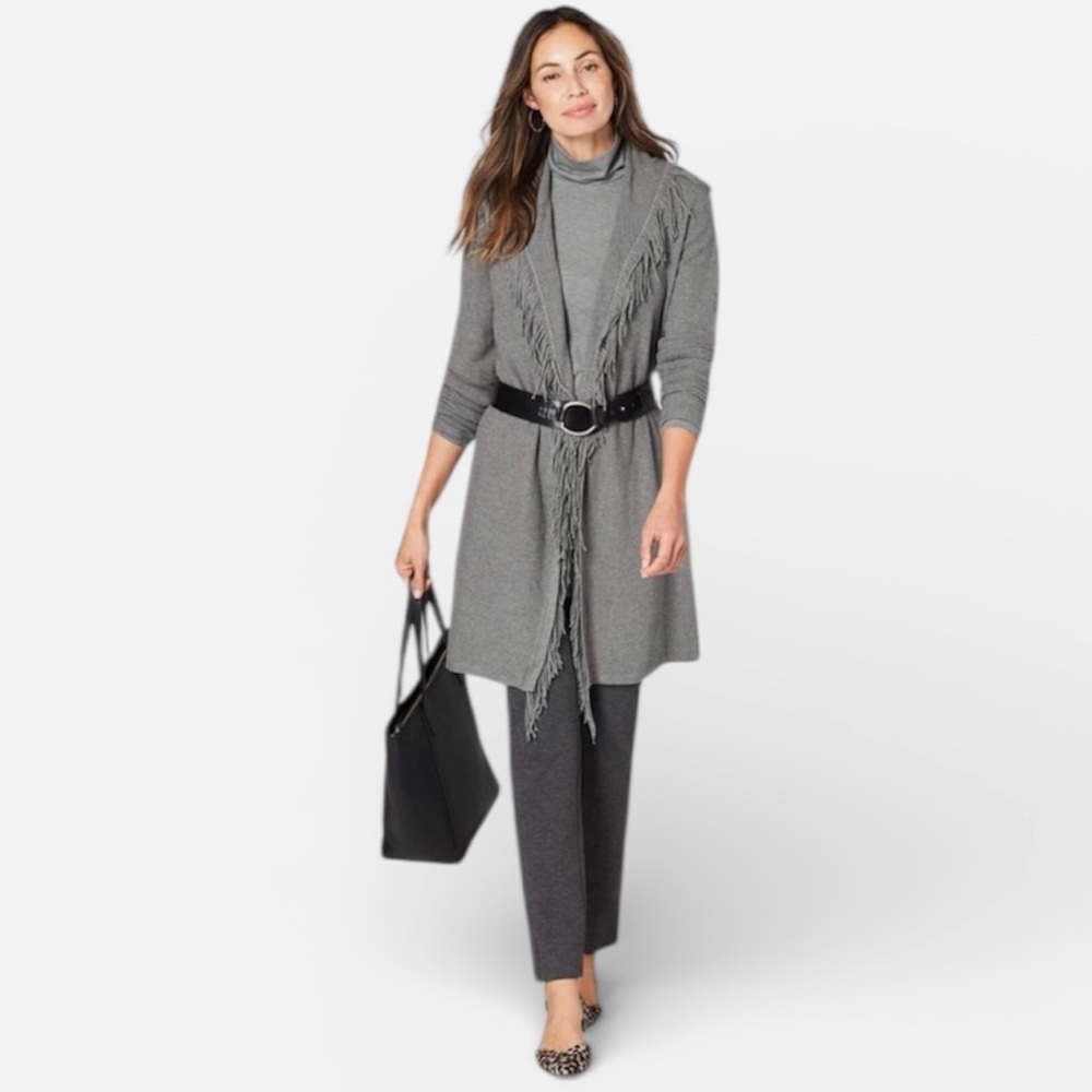 J Jill Womens Fringe Cardigan Sweater Size M Open Front Duster Cotton Solid Gray
